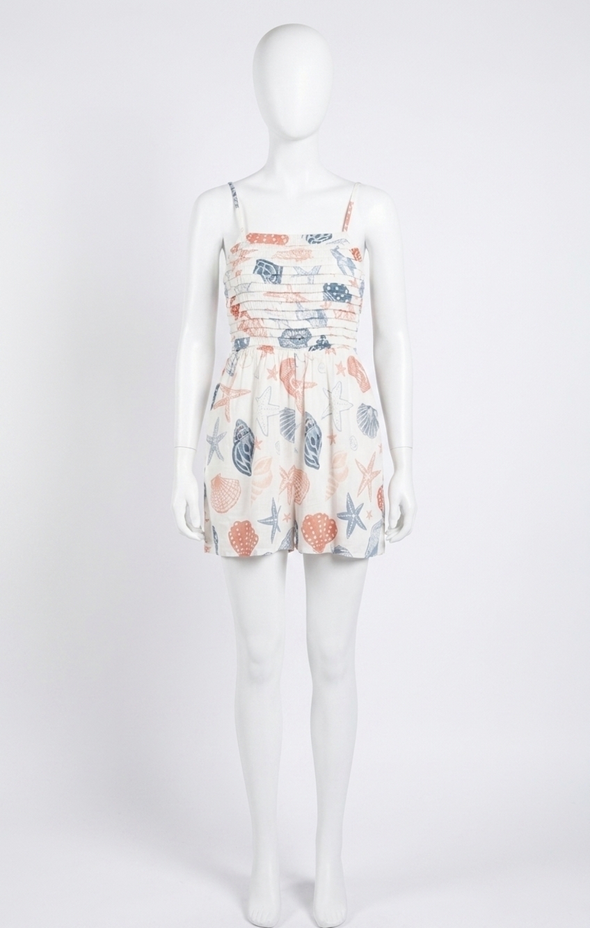 NEW SADIE & SAGE seashells pleated bodice romper in white multi